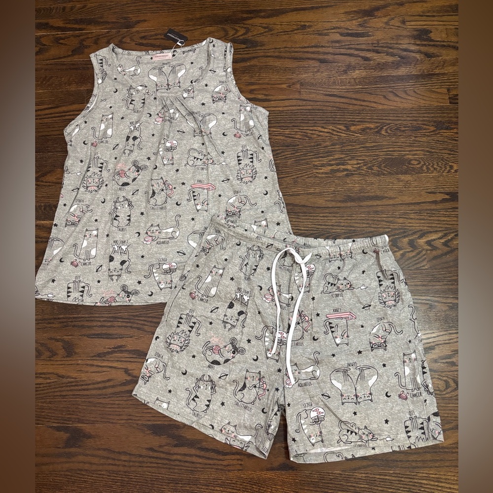 Horoscope sign cat print pajama set top shorts sleepwear soft gray pink baggy